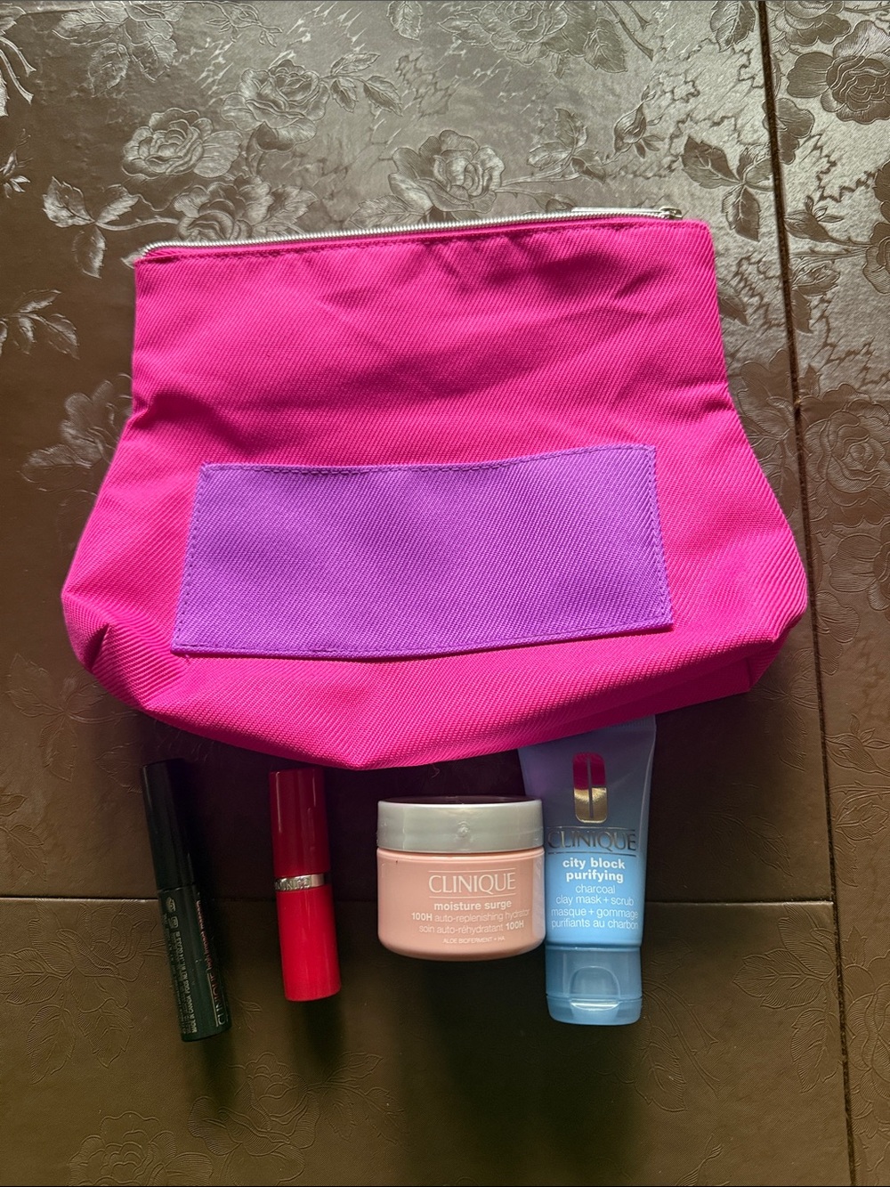 Clinique Hot Pink Cosmetic Pouch with Purple Patch and Skincare Set